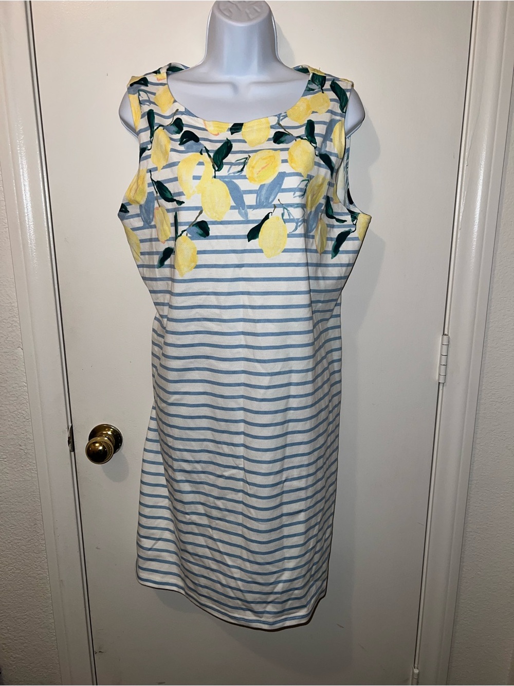 Striped Lemon Print Sleeveless Dress - Yellow & Blue